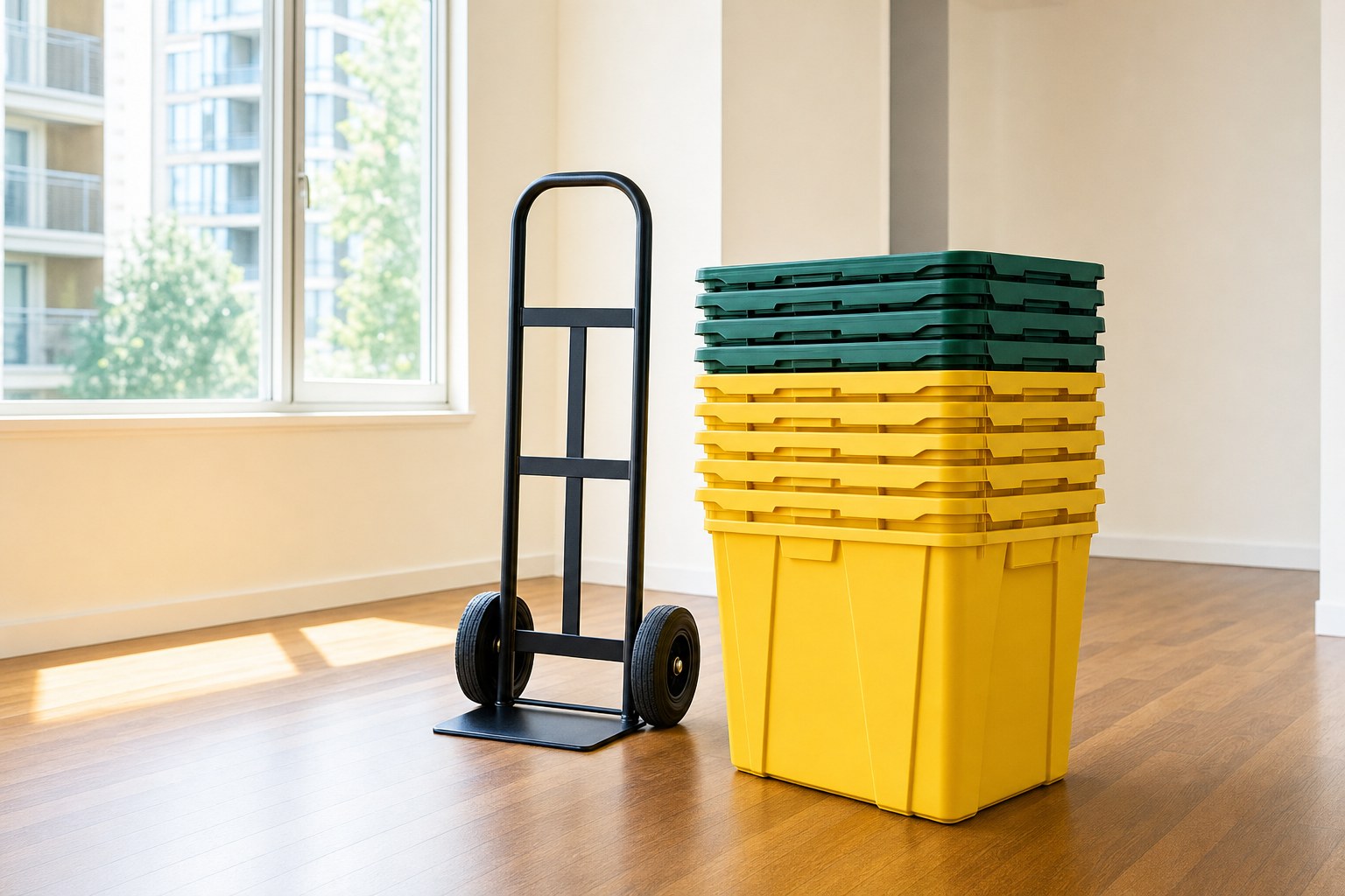 Nested reusable moving totes and hand truck in a bright apartment