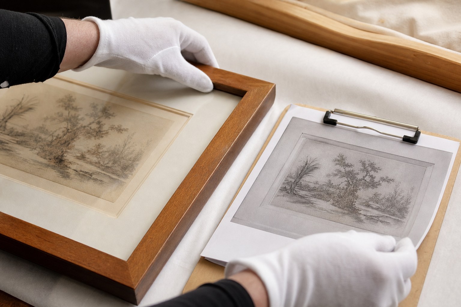 Gloved art handler comparing a framed work with a condition report on a protected table