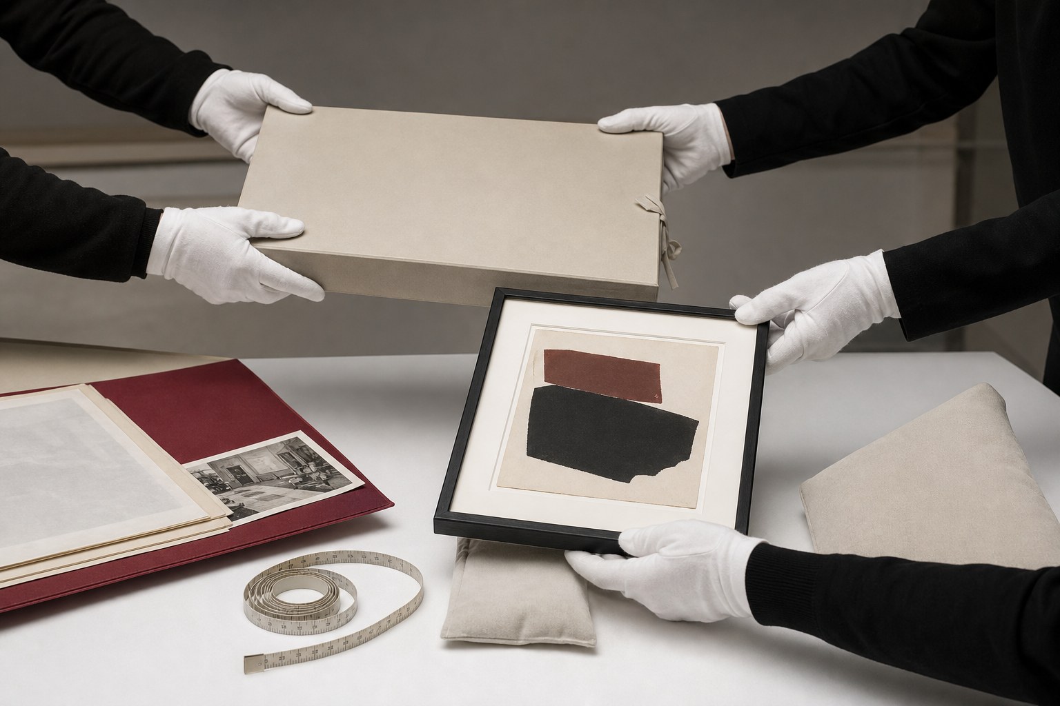 Gloved gallery staff carefully transferring an archival file and framed work over a prepared table