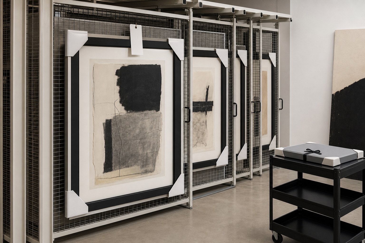 Framed abstract works safely stored in a gallery art rack beside an archive cart