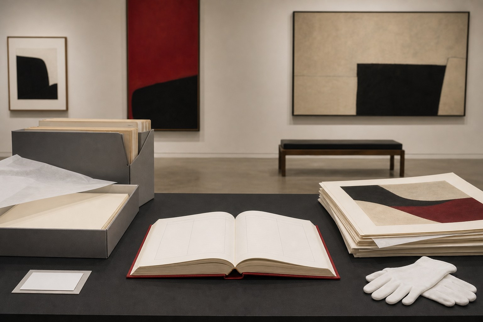 Gallery archive table with artwork records, folders and white gloves