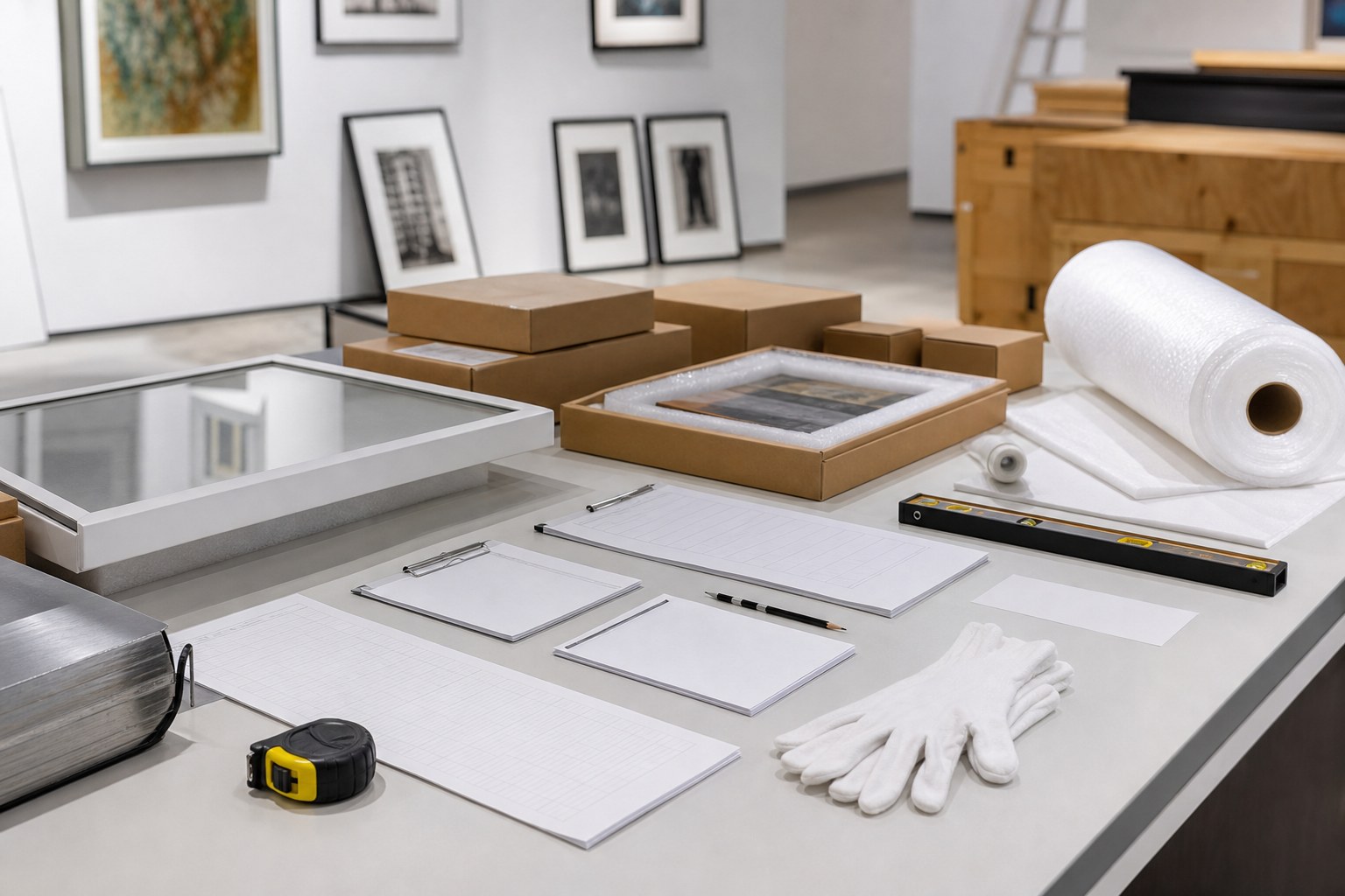 Prepared gallery work table with packing materials, checklists and white gloves