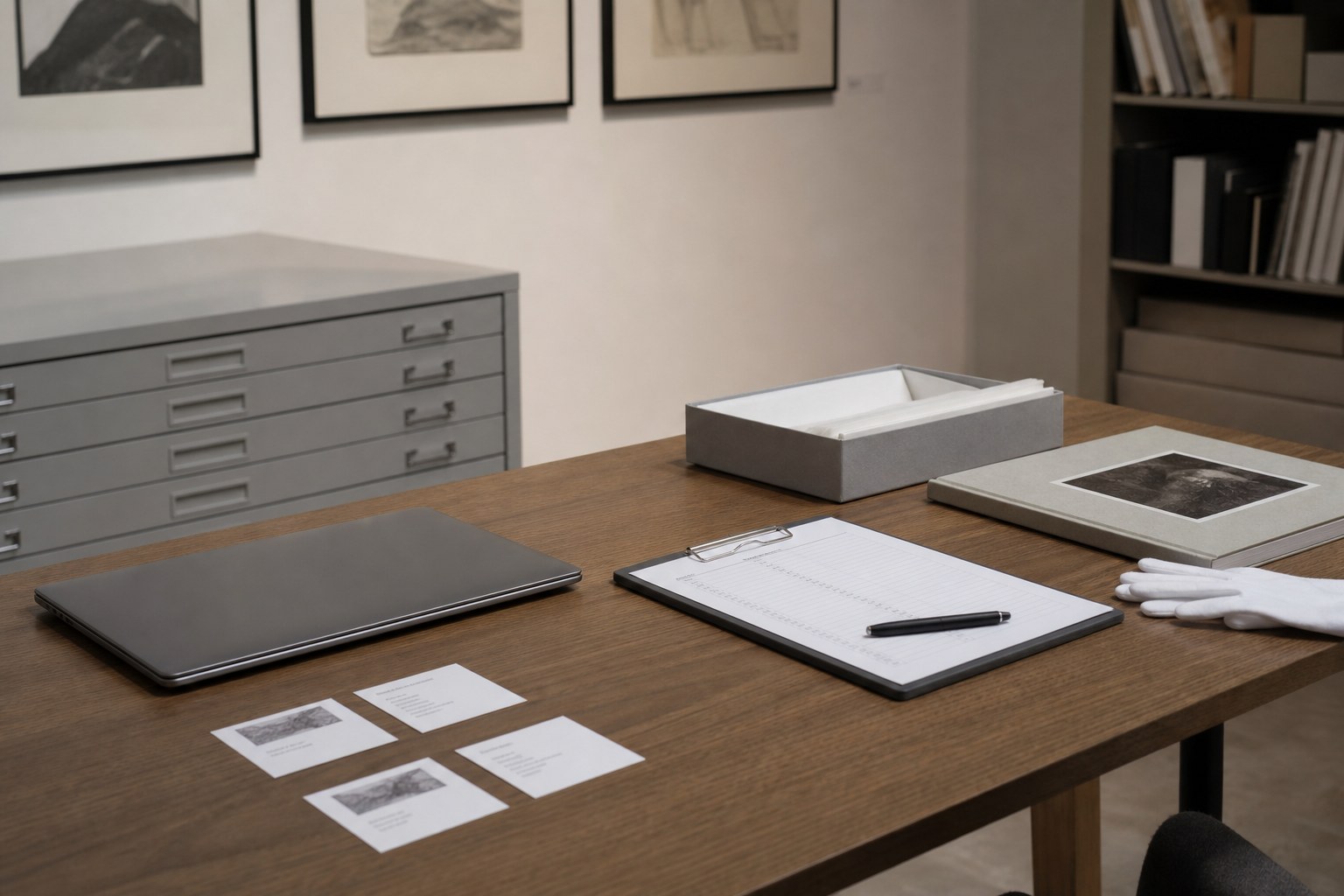 Organised gallery work table with archive materials and an inventory list
