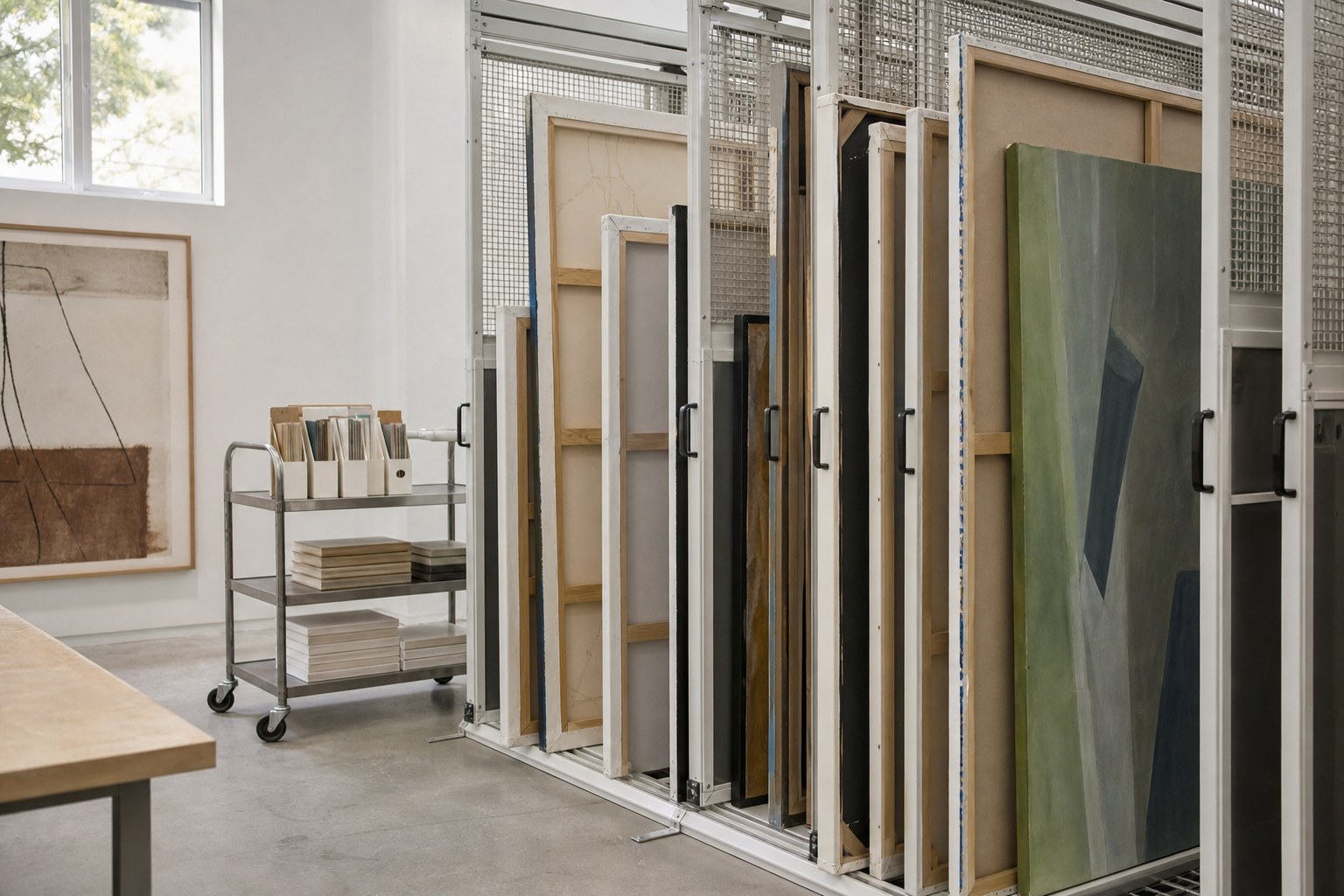 Artwork storage rack with framed works and an archive cart