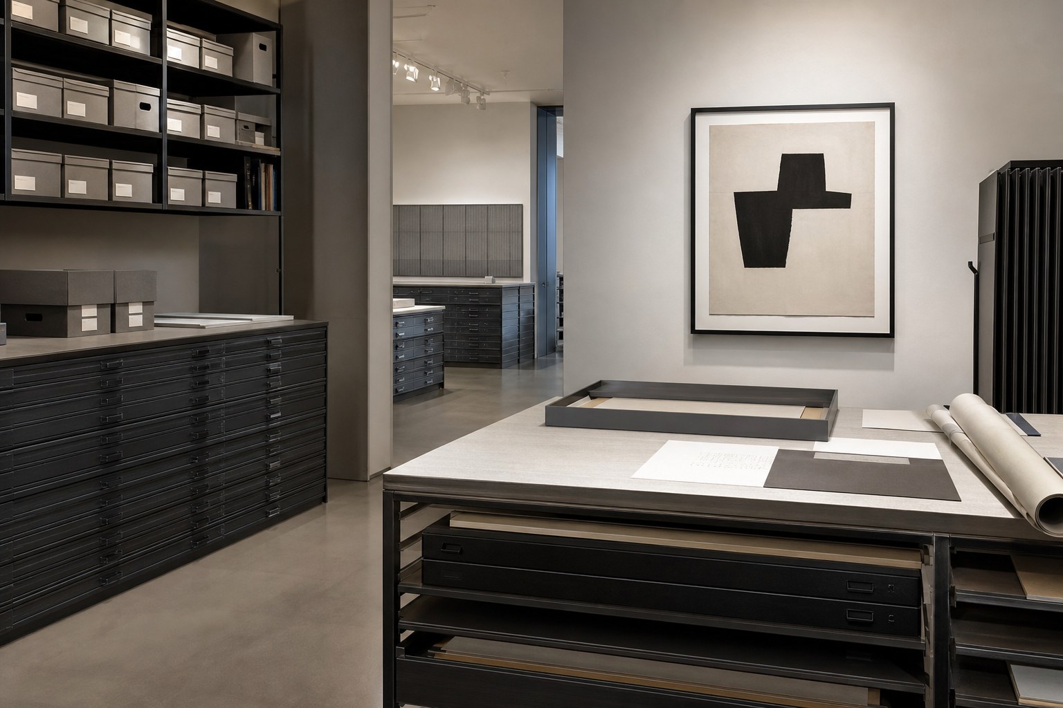 Gallery archive with flat files, catalog boxes and a framed abstract artwork