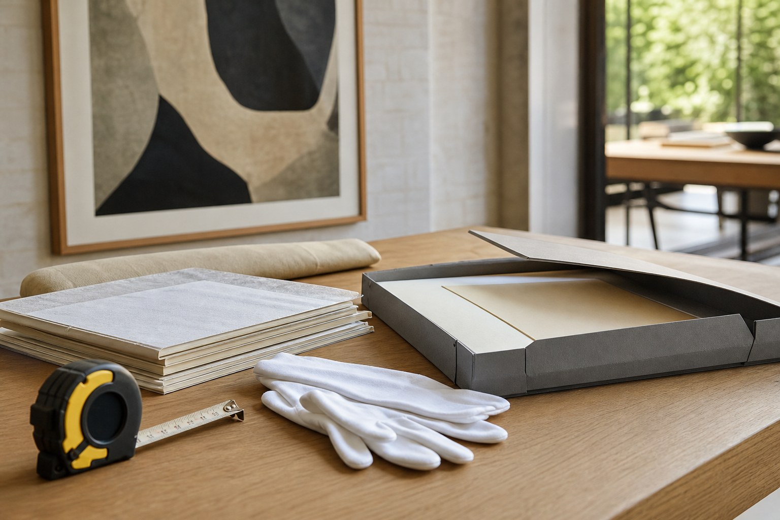 Gallery preparation table with archival folders, a framed artwork and handling gloves