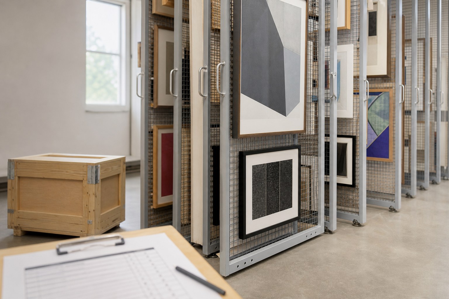 Framed contemporary artworks stored safely in gallery art racks beside a wooden crate