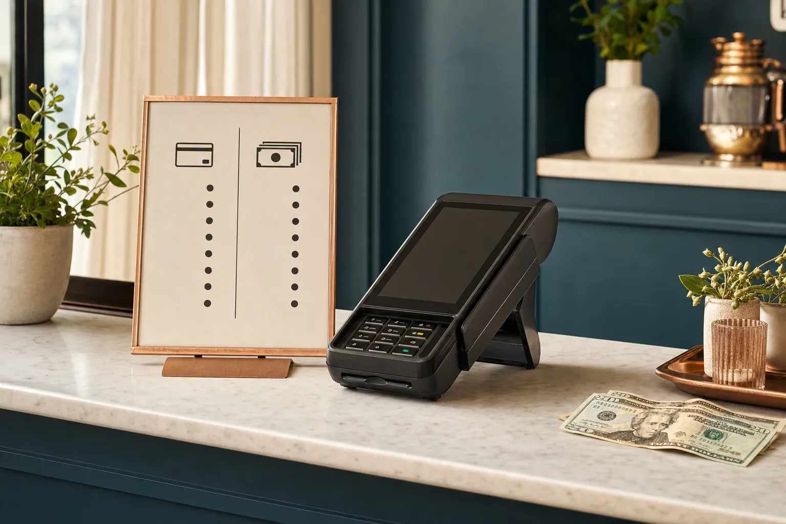 A card payment terminal beside a simple cash-and-card price display at a small business checkout counter.