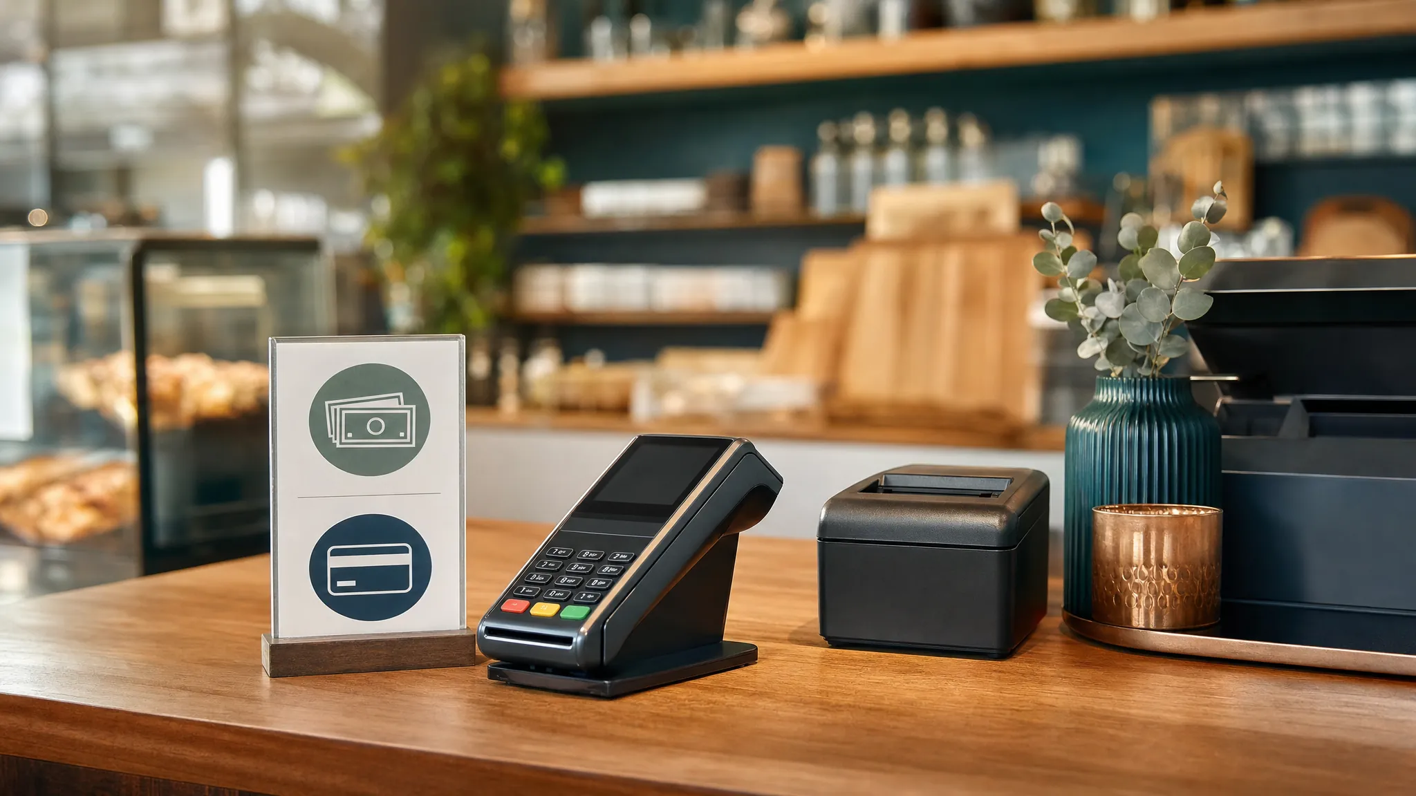 Checkout counter with a payment terminal and cash-or-card payment display.