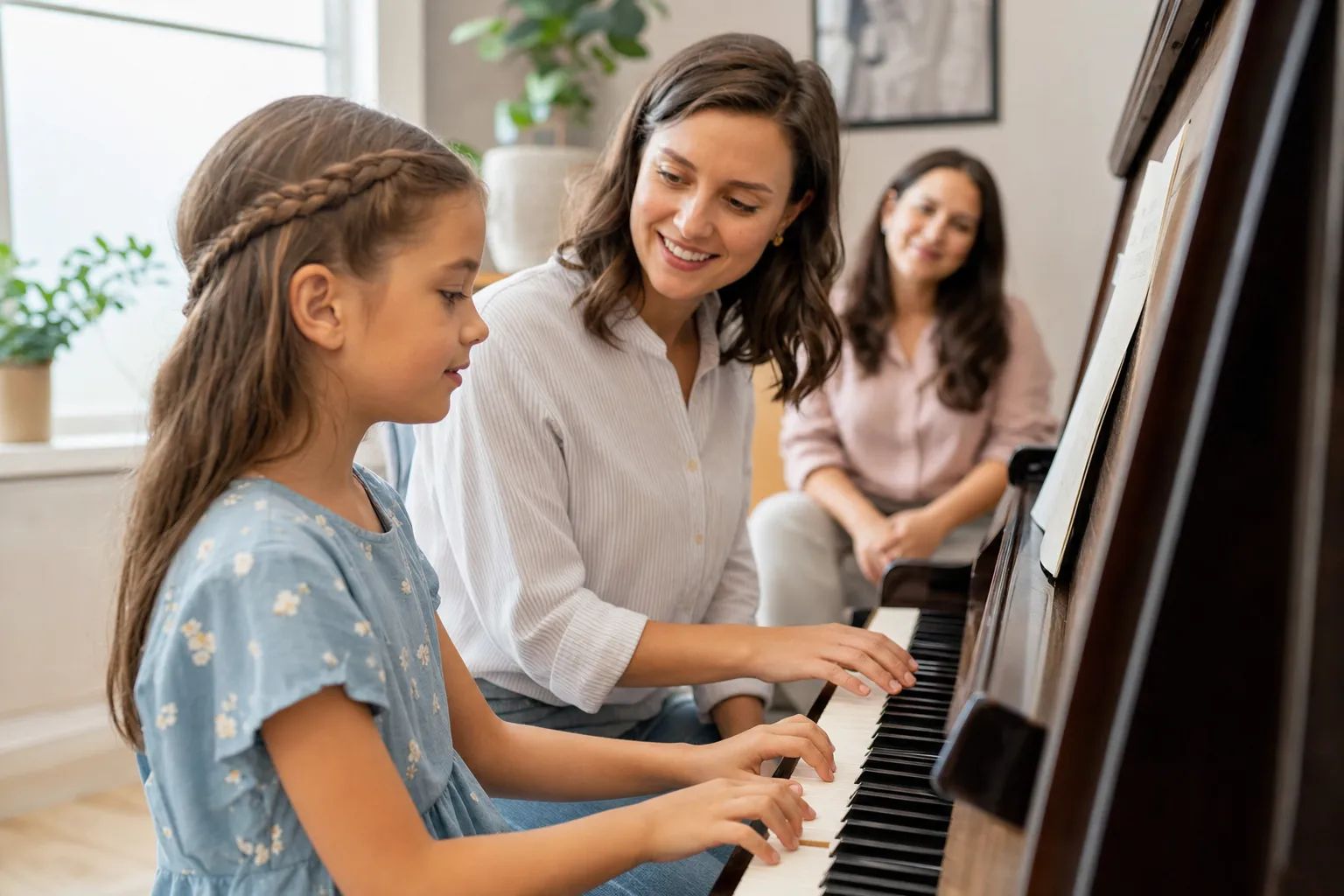 Piano student meeting a teacher while a parent observes