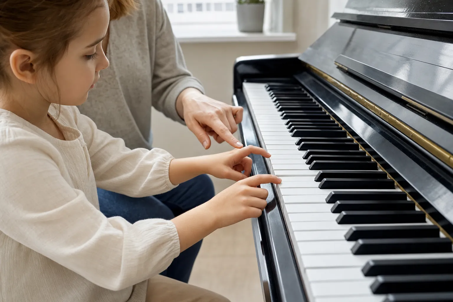 child exploring piano keys while a teacher points out a keyboard pattern