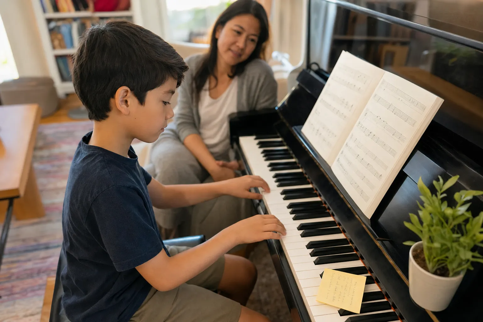 school-age child practicing a short piano assignment at home with a parent nearby