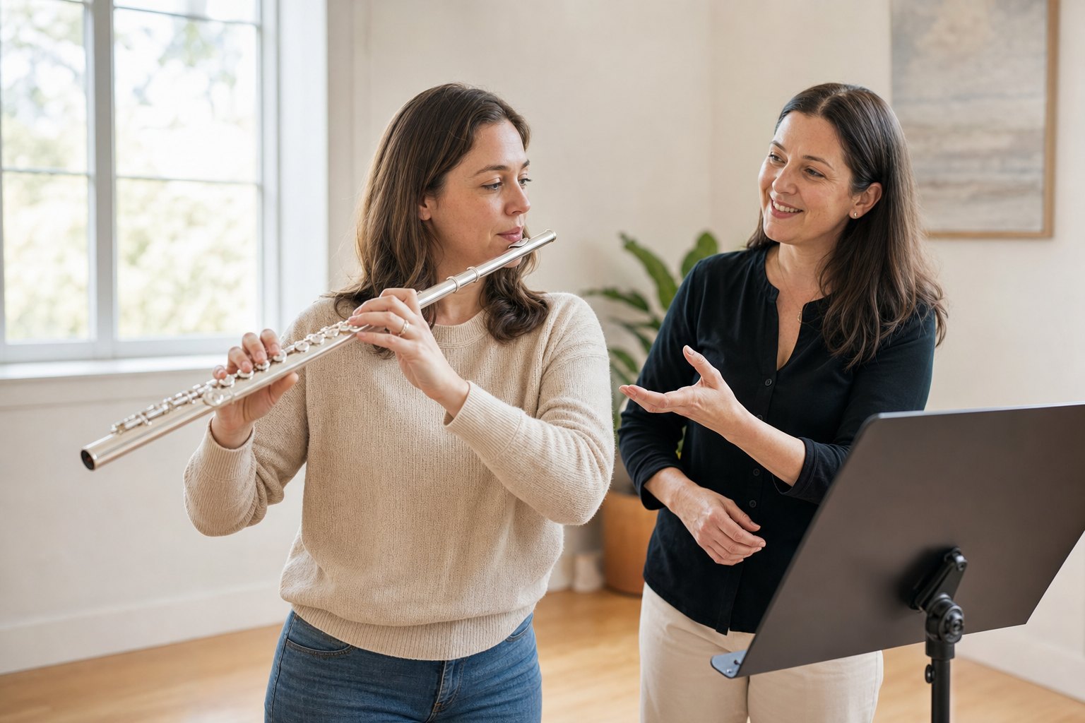 adult beginner flute student receives patient guidance from a teacher in a bright music studio