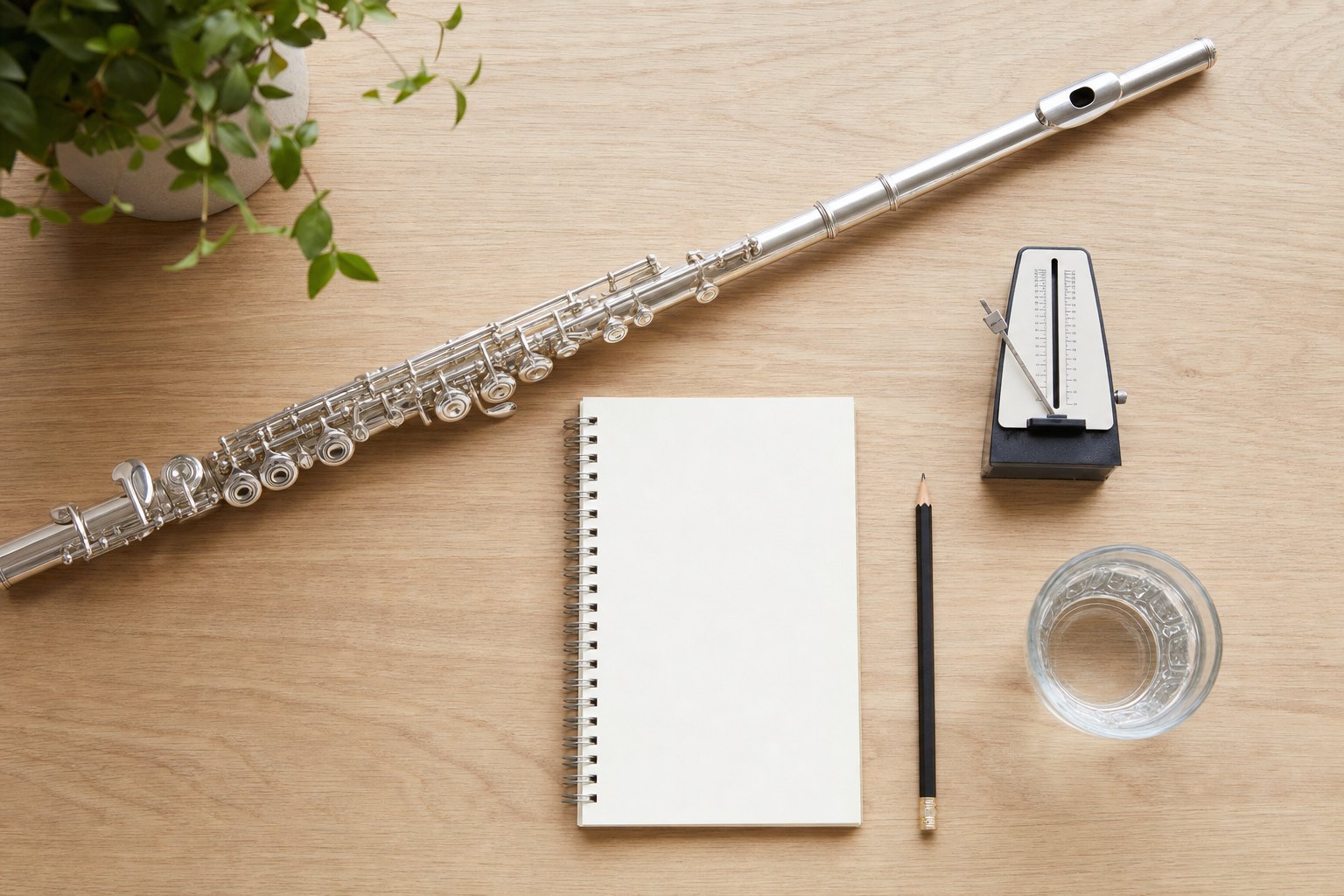 silver flute, metronome, water, pencil, and blank notebook arranged for a home practice session