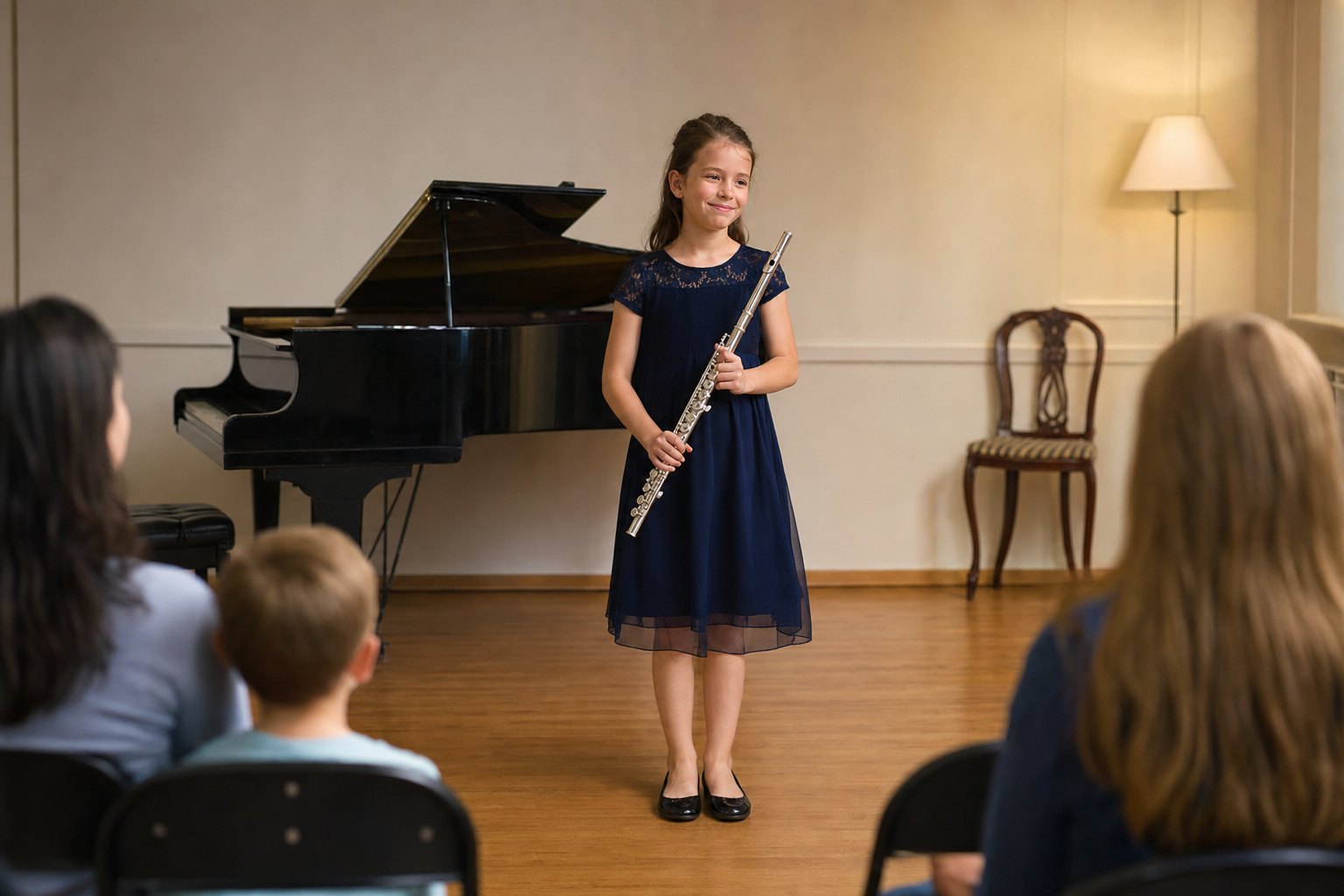 young flute student stands proudly after sharing a short piece in a welcoming recital room