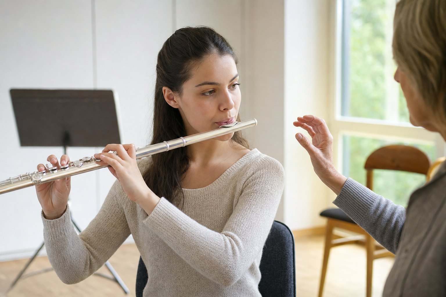 beginning flutist practices a long tone while a teacher gives a calm visual cue