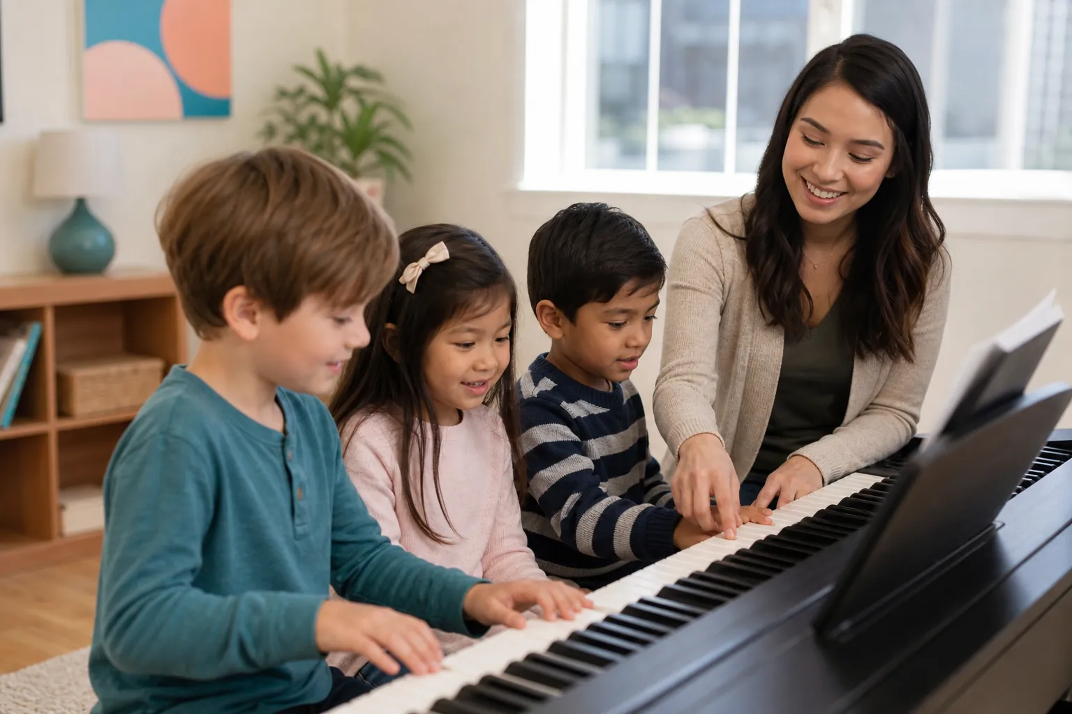 teacher guiding three young children in a group piano lesson