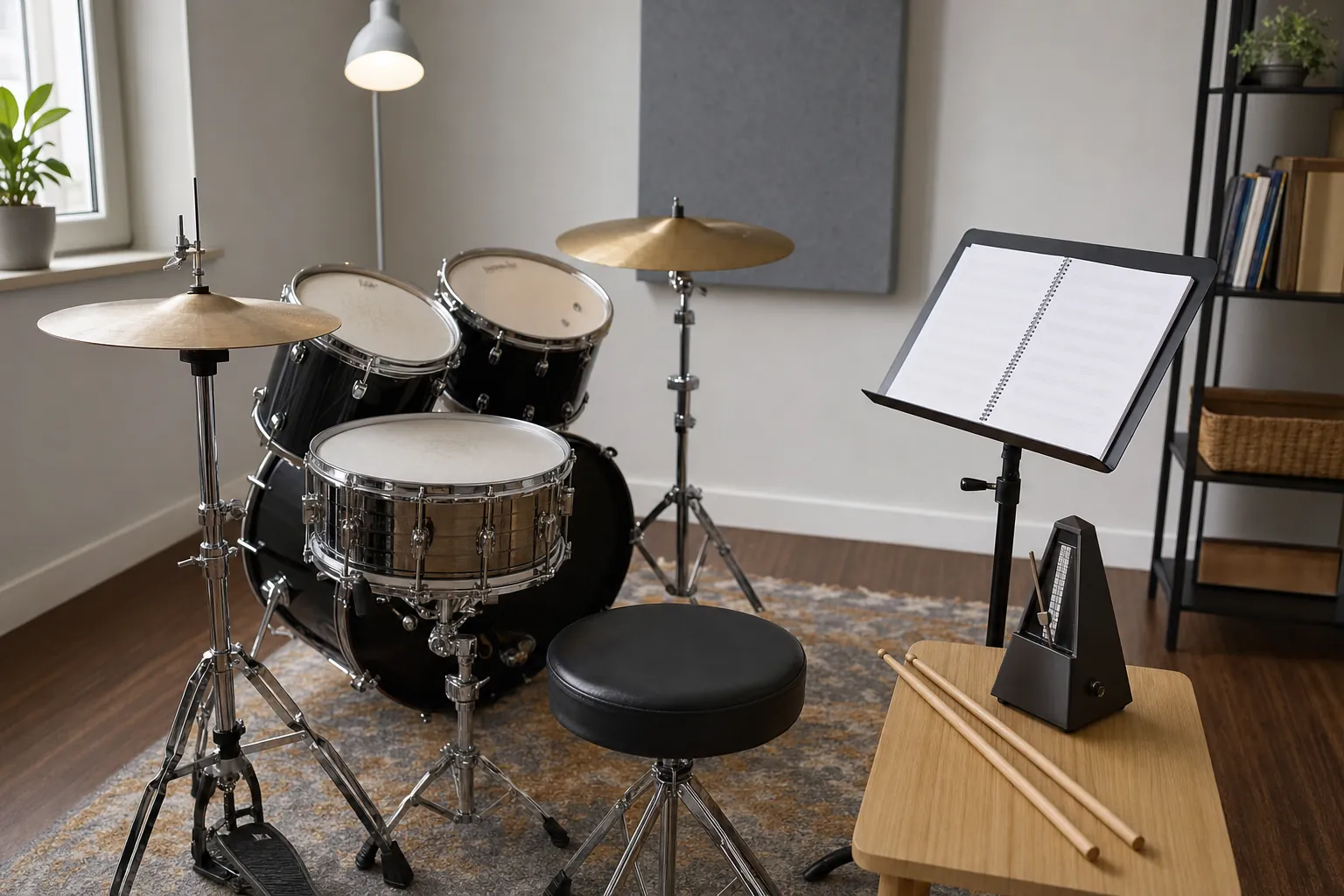 drum kit, metronome, music stand, and drumsticks arranged for a focused lesson