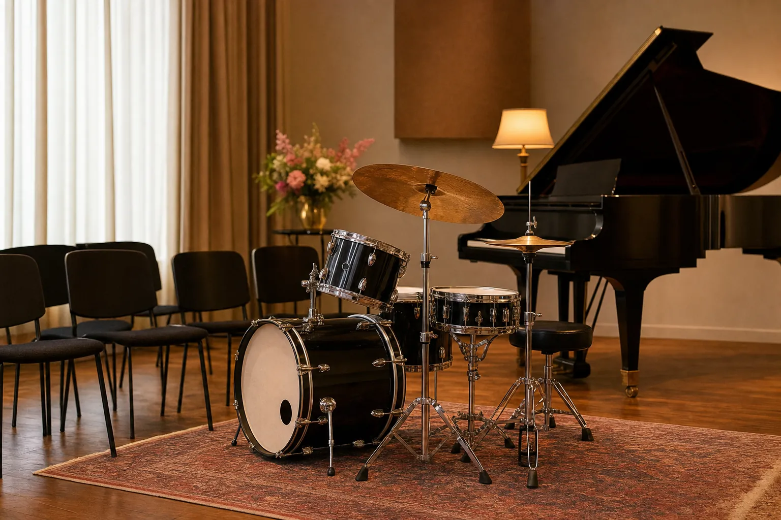 small drum kit set up for an intimate music school recital beside a grand piano and empty audience chairs
