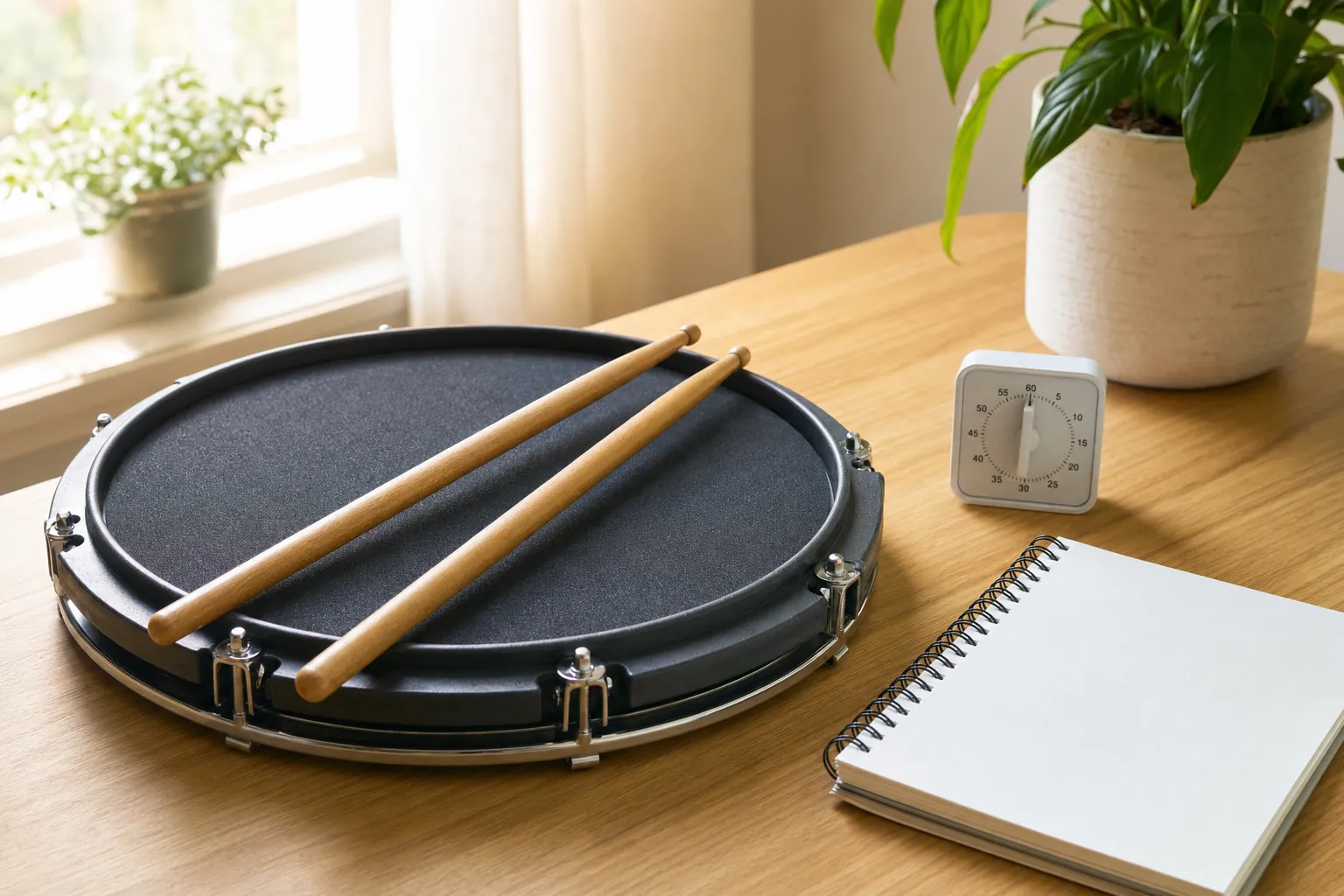 snare practice pad, drumsticks, timer, and notebook prepared for a short home practice session