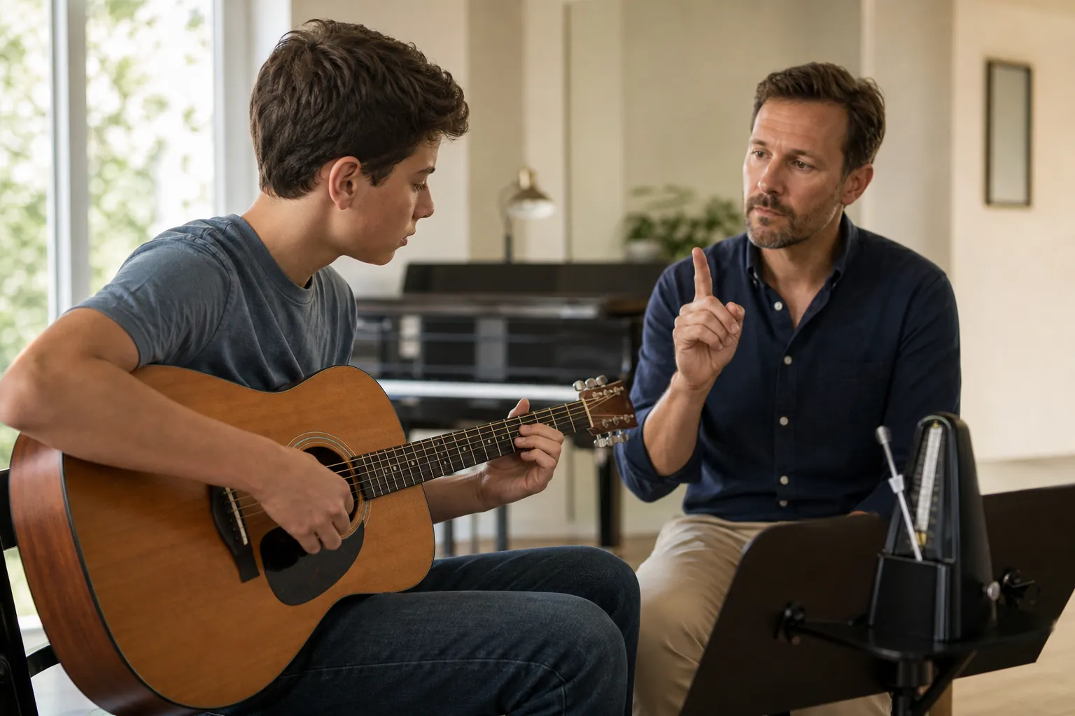 teen guitar student plays a short practice section while a teacher gives a calm rhythm cue beside a metronome