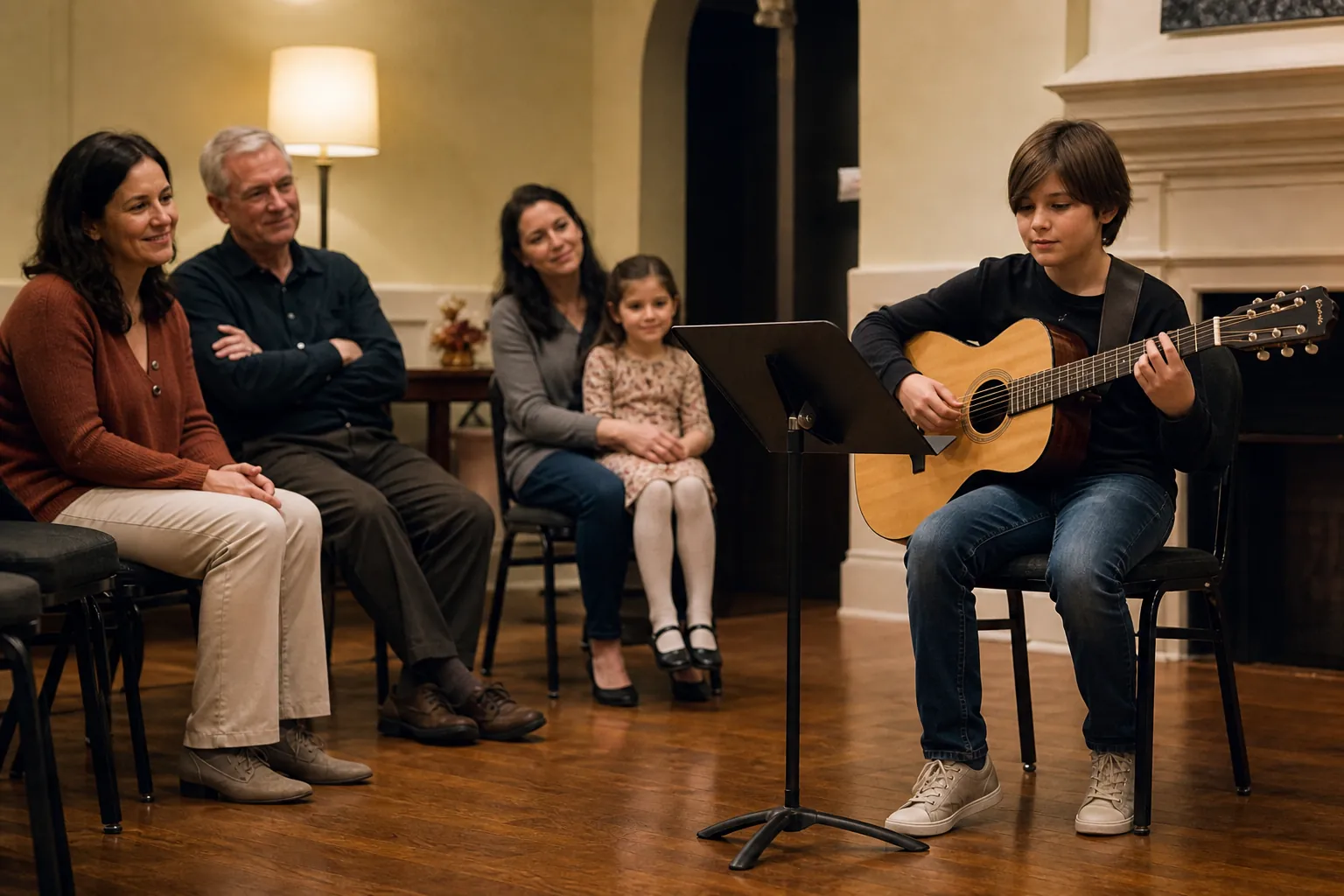young beginner guitarist shares a short piece for a small, supportive family audience at an informal recital