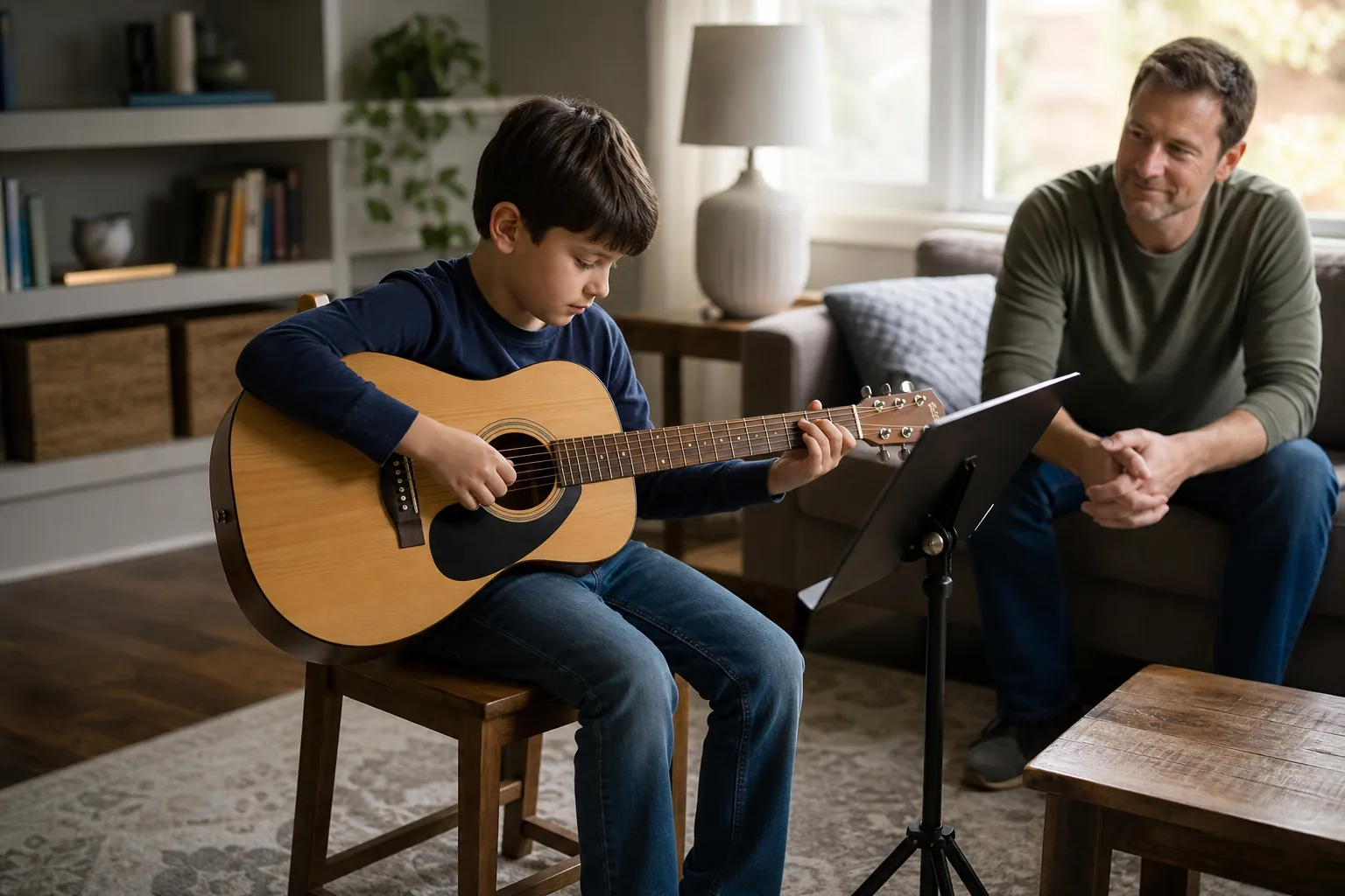 young beginner guitar student practices at home while a parent offers quiet encouragement nearby