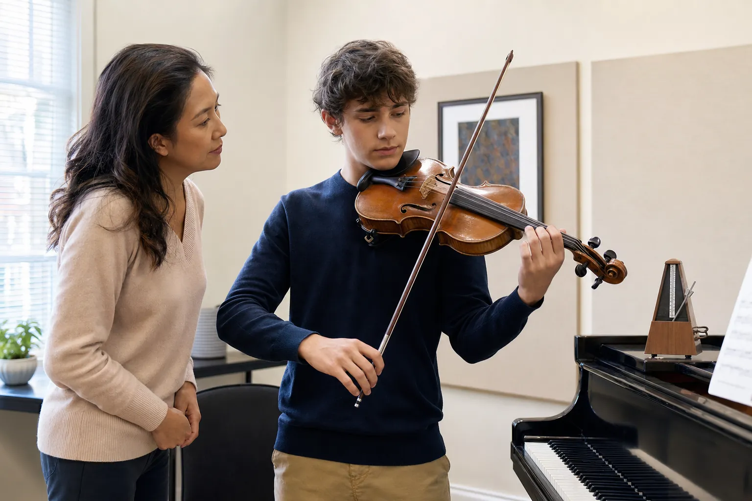 teen violin student plays a short practice section while a teacher listens beside a piano and metronome
