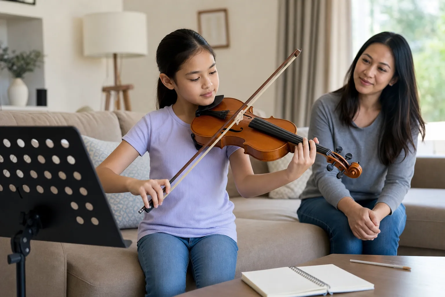 young beginner violin student practicing at home while a parent offers quiet encouragement nearby