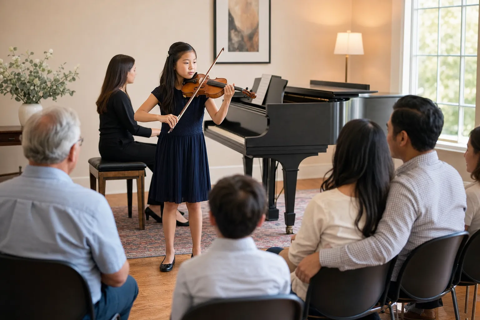 young violin student performs an informal recital with piano accompaniment for a small family audience