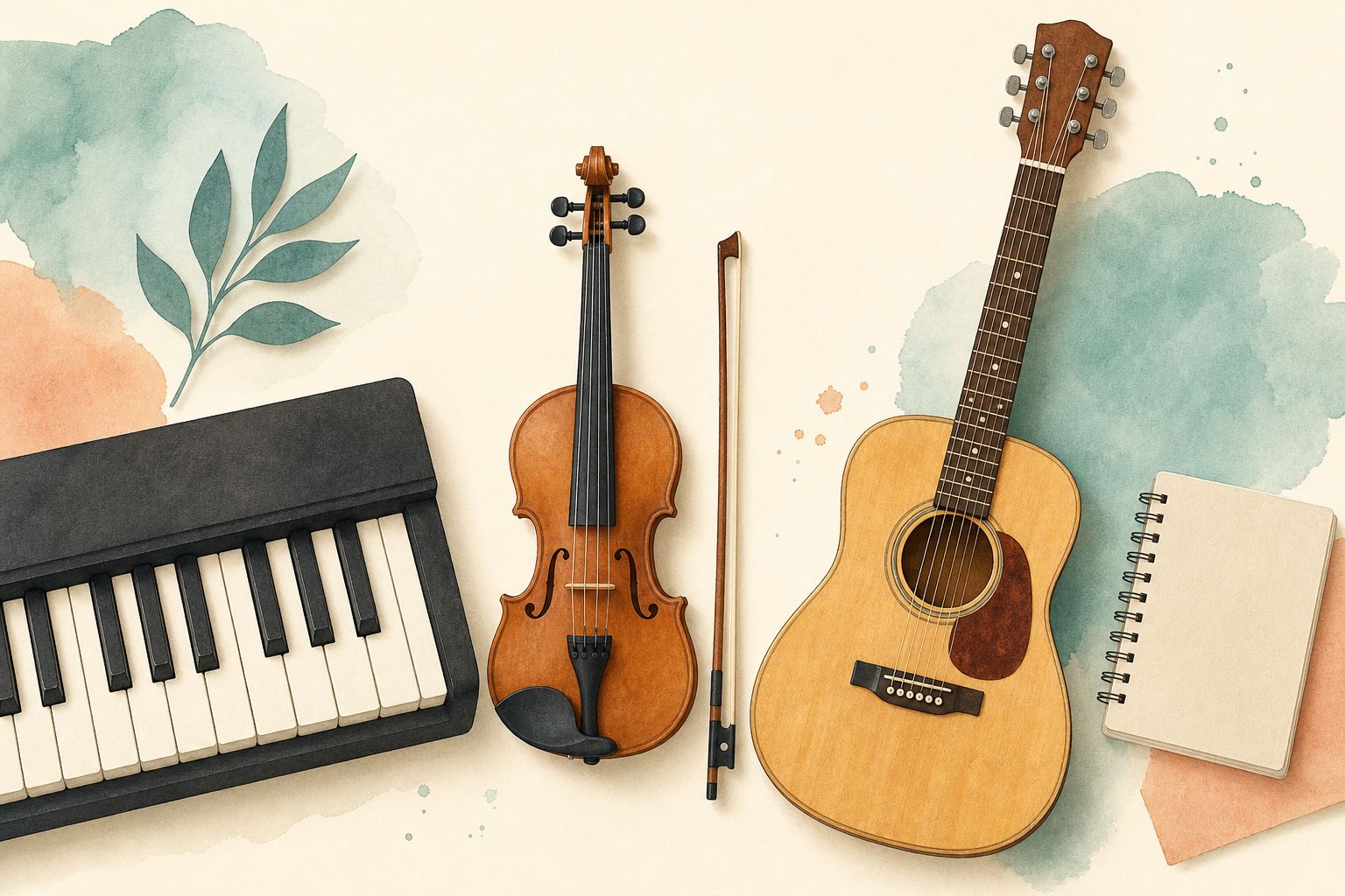 Watercolor illustration of piano keys, a violin and bow, a guitar, and a music notebook