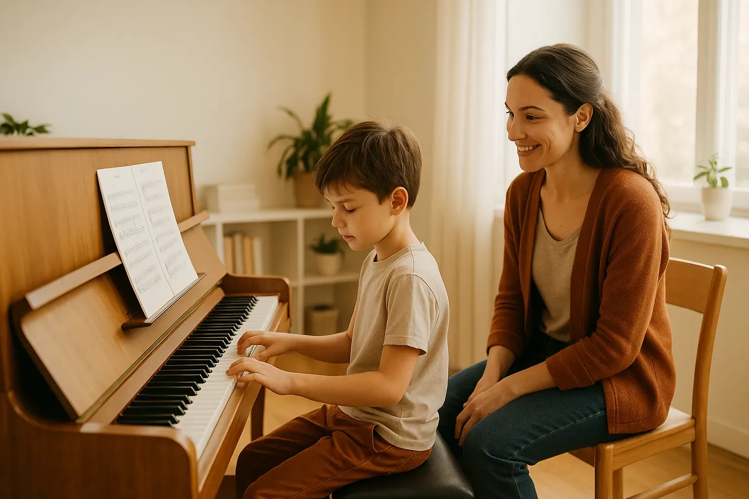 child at piano with teacher in bright lesson studio