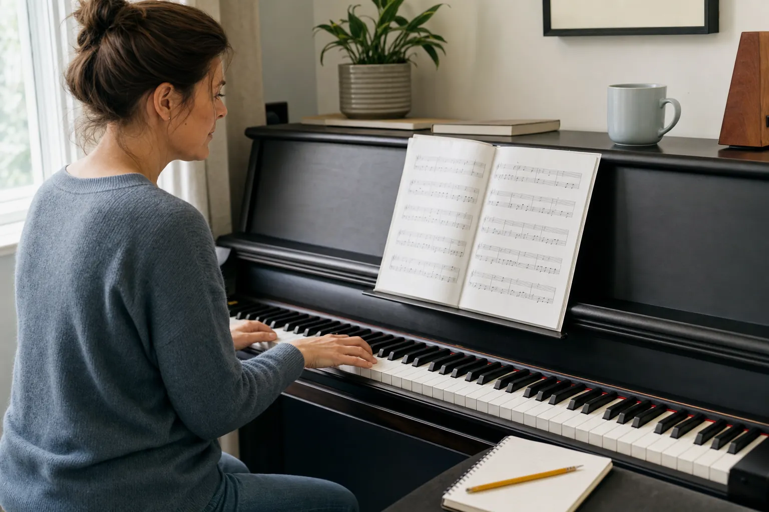adult beginner follows simple sheet music while practicing piano at home