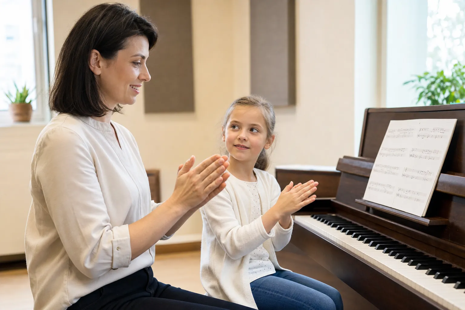 music teacher and young student clap a rhythm together beside an upright piano