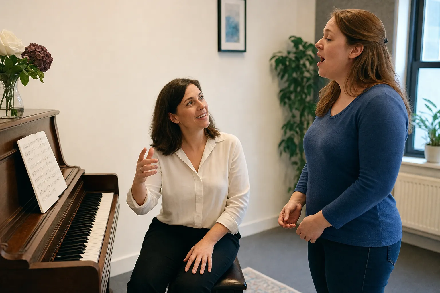 voice teacher offering supportive feedback during a singing lesson beside a piano