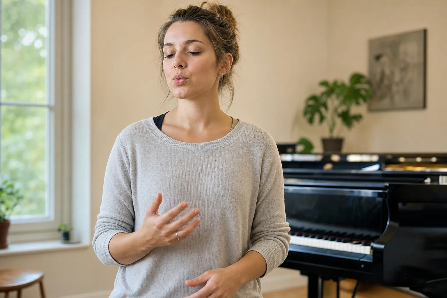 singer doing a gentle warmup near a piano at home