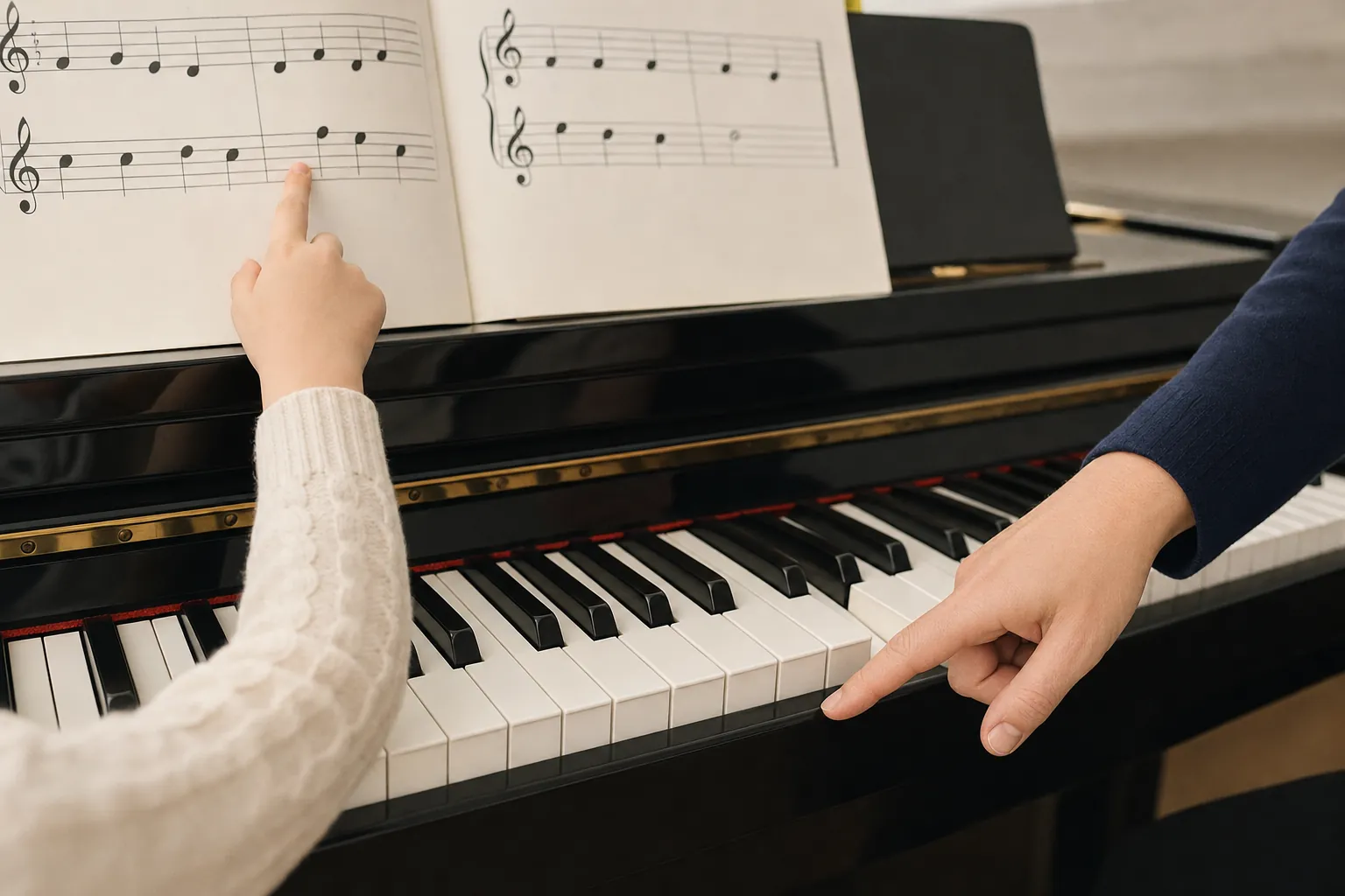 beginner points to a note on simple sheet music while a teacher points to a piano key