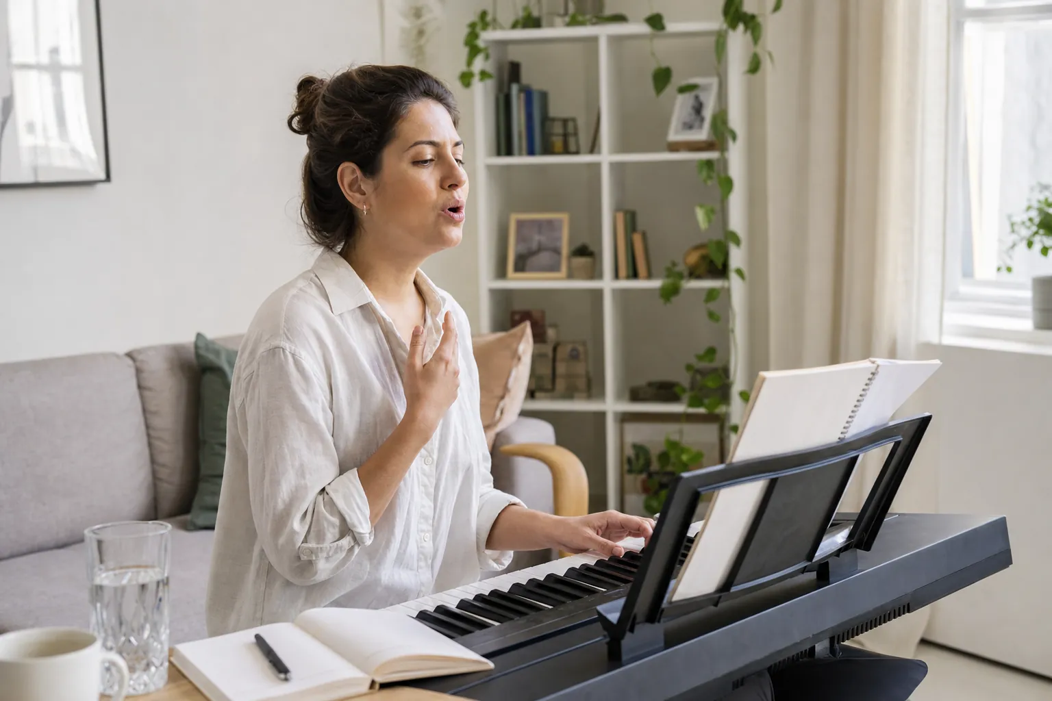 adult beginner practicing singing at a keyboard at home