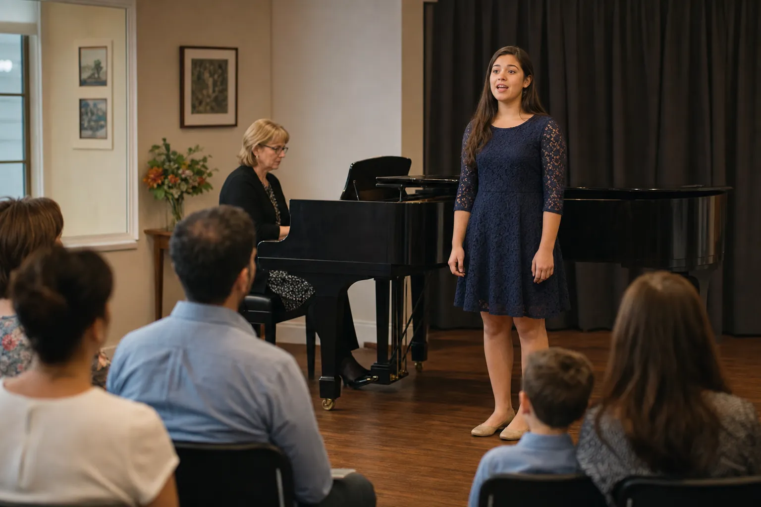 young singer performing with piano accompaniment at a small student recital
