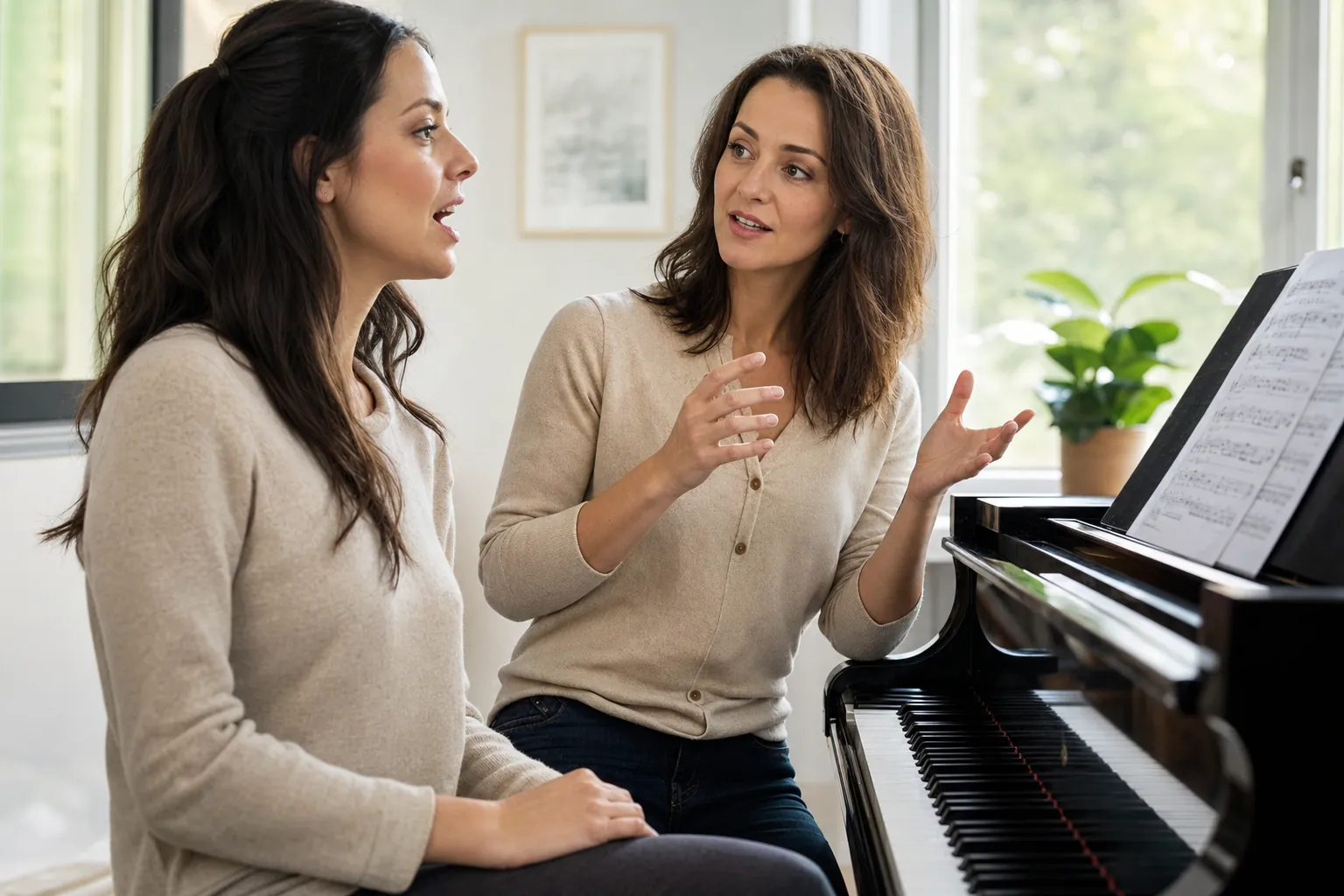 voice teacher giving supportive feedback to an adult singing student near a piano