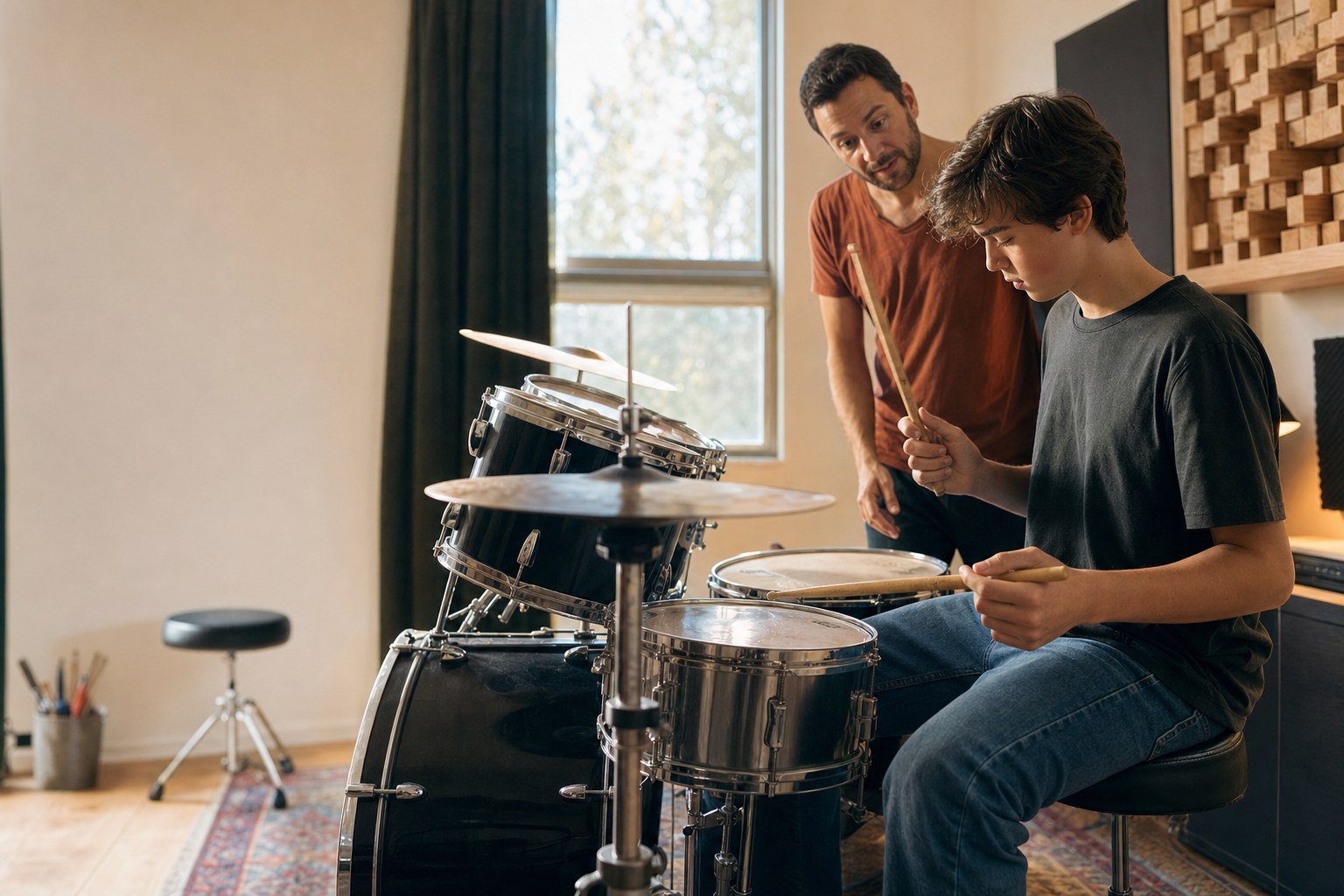 Teen drummer working one-on-one with a music teacher in a lesson studio