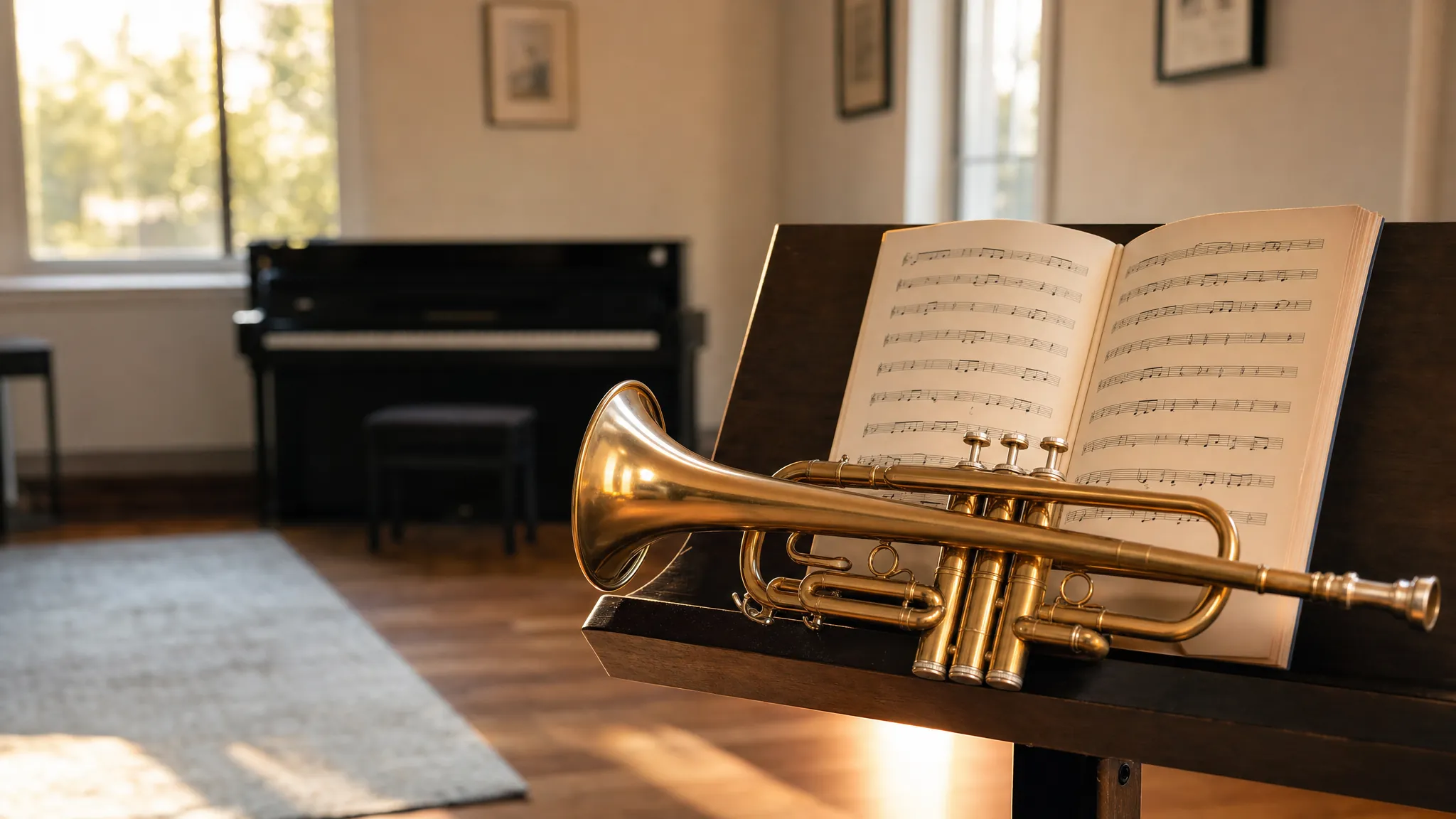 Trumpet resting on a music stand in a bright lesson studio