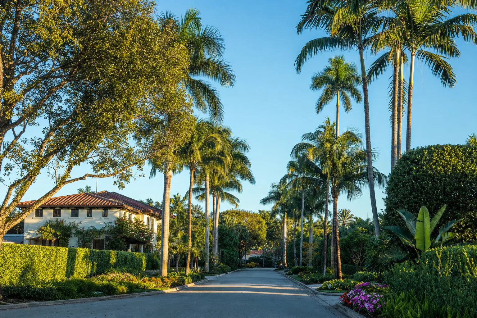 Palm-lined residential street in South Florida