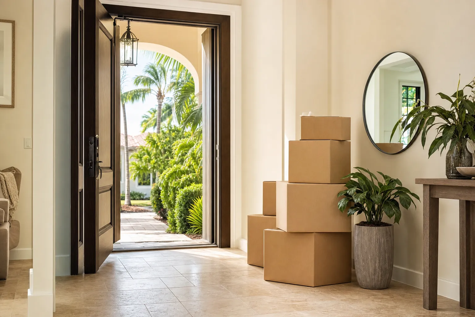 Moving boxes beside an open South Florida home entry