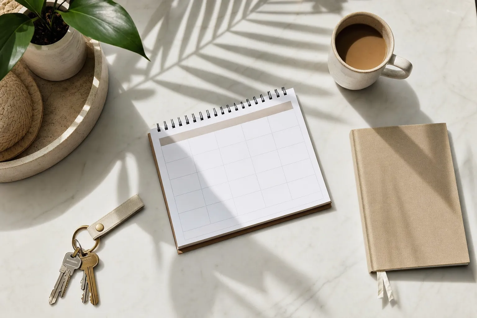 Blank monthly calendar, notebook, keys, and coffee arranged on a table