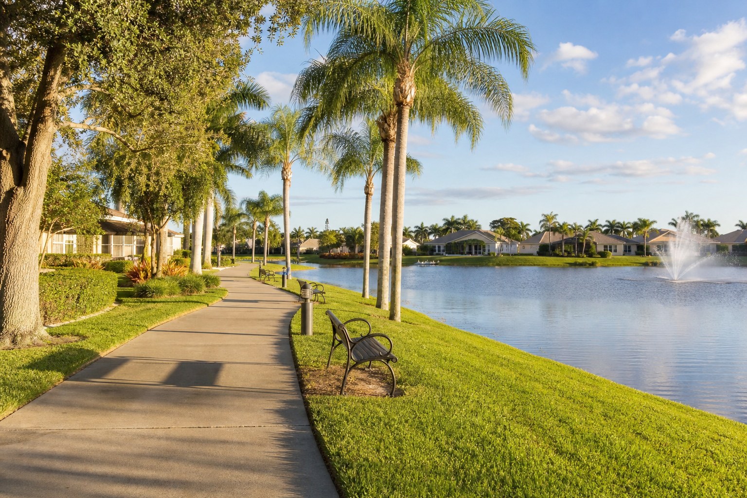 Palm-lined walking path and lake in a well-kept South Florida residential community