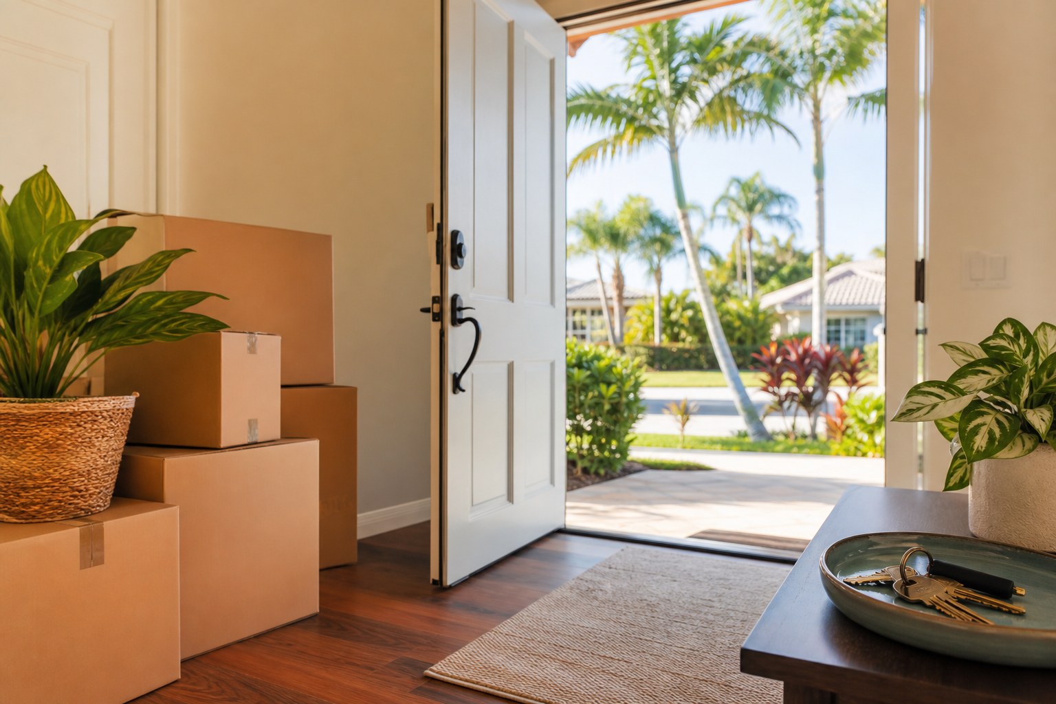 Open South Florida home entry with moving boxes, keys, and palm trees outside