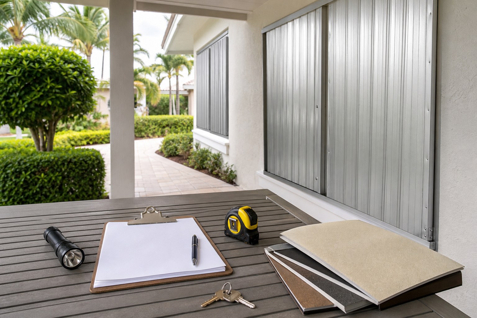 Home-review materials on a covered South Florida patio beside hurricane shutters