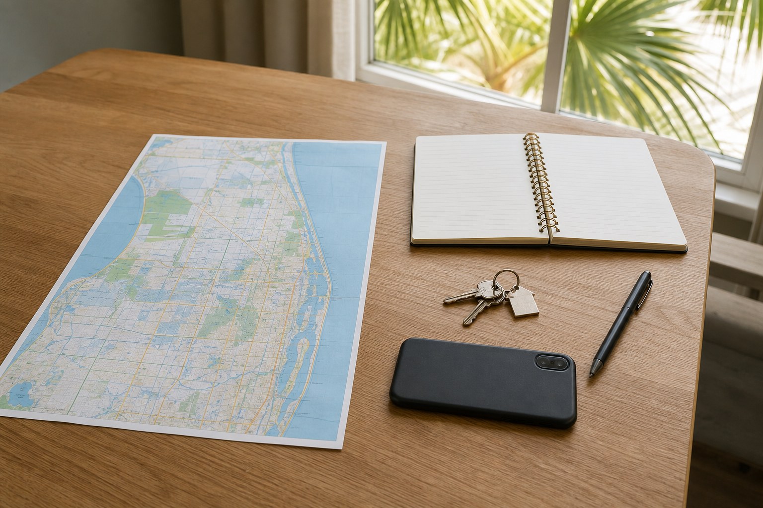 Palm Beach County map, notebook, keys, and phone arranged for a home-search planning session