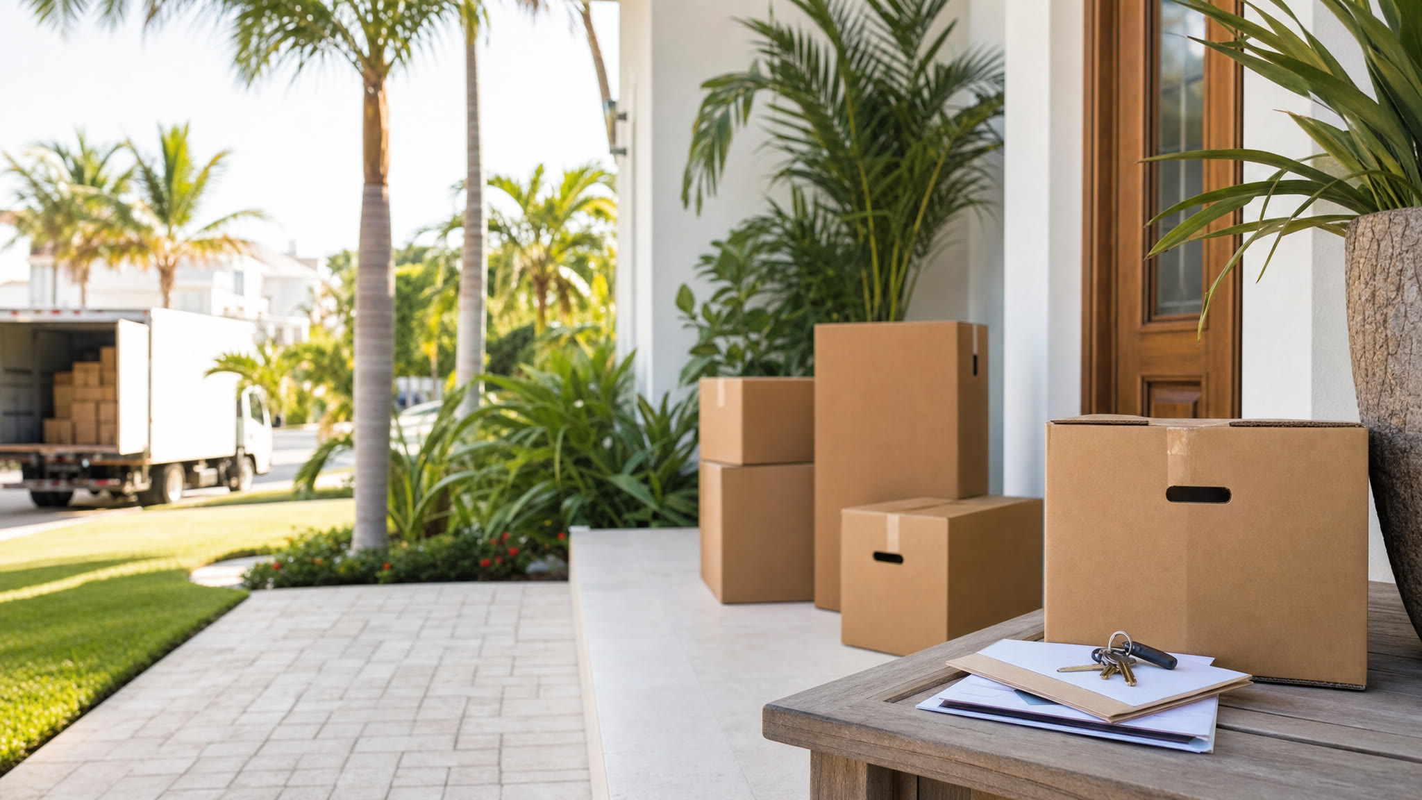 South Florida home entry with moving boxes, keys, and a moving truck